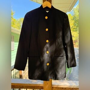 VTG Liz Claiborne 100% Wool Black Blazer Gold Crest Buttons Military Utility